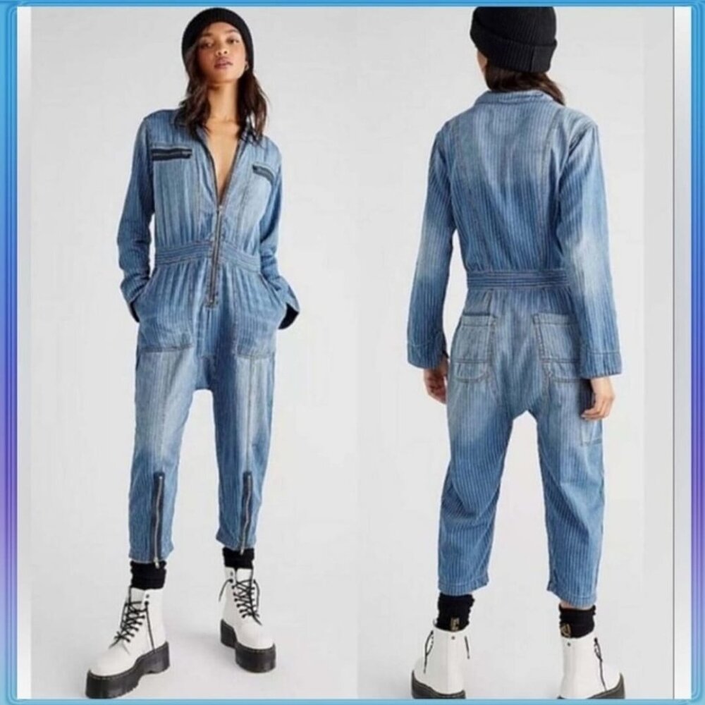 Free People Striped Blue Jumpsuit